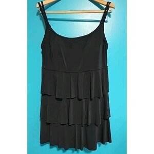 Longitude Size 20W Black Tiered Ruffle Tummy Control Swimdress Swimsuit